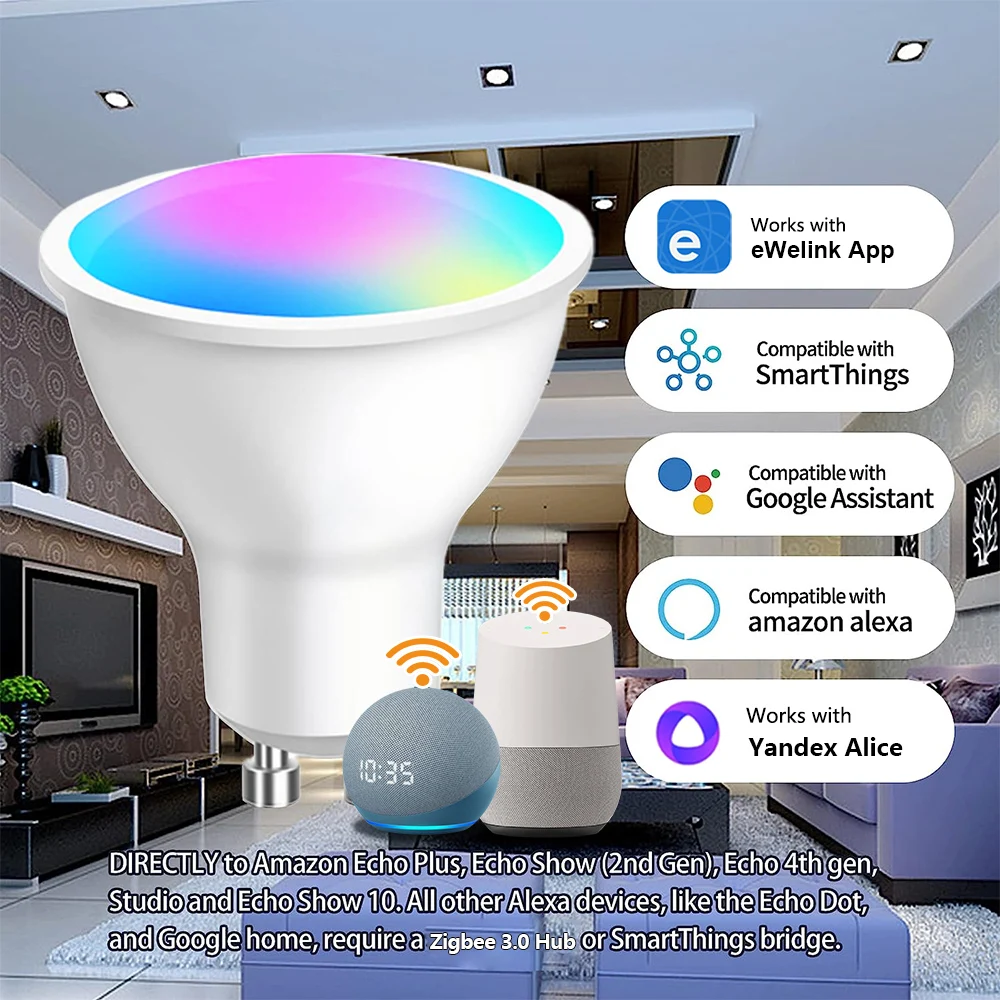 GU10 Zigbee/Wifi Lampadina a Led RGB CW WW Faretti Lampadine a Led Lampada a Led Intelligente Funziona con Alexa Echo Hub Google Yandex Smartthings