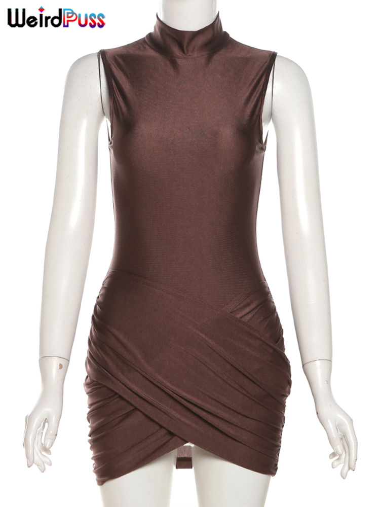 Mini vestido con volantes cruzados de gato extraño para mujer, vestido Sexy de verano liso con cuello medio alto sin mangas, ropa elegante para fiesta y discoteca, ceñido al cuerpo