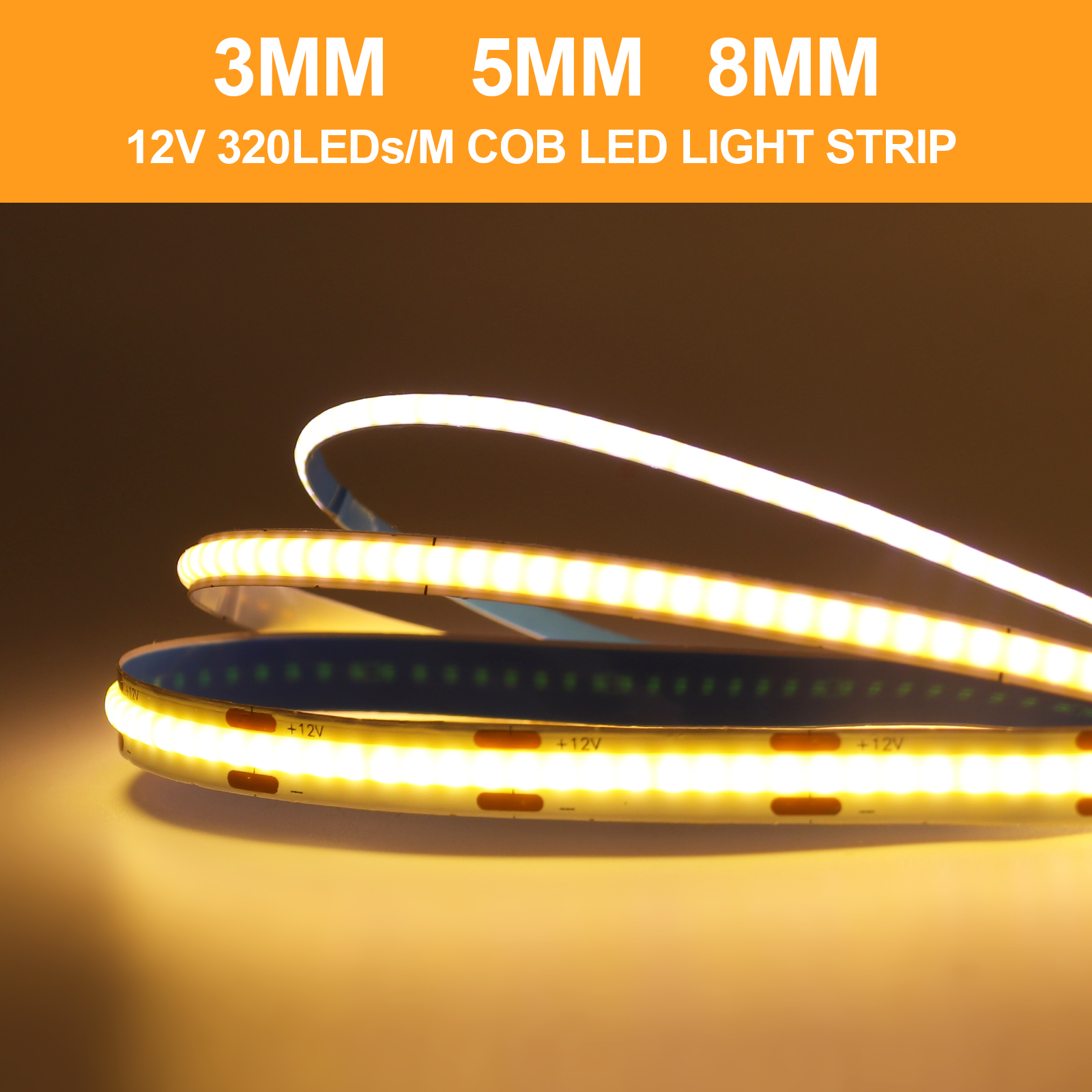 DC5V USB COB LED Strip 3mm 5mm 8mm de largura 12V 320LEDs Flexível LED Strip Light com adesivo Iluminação linear de alta densidade