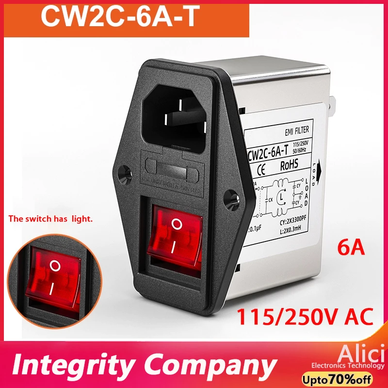 CW2B-3A/ 6A/10A-T power filter CW2C-3/6/10A-T receptacle type purification with dual safety switch with lamp EMI interference