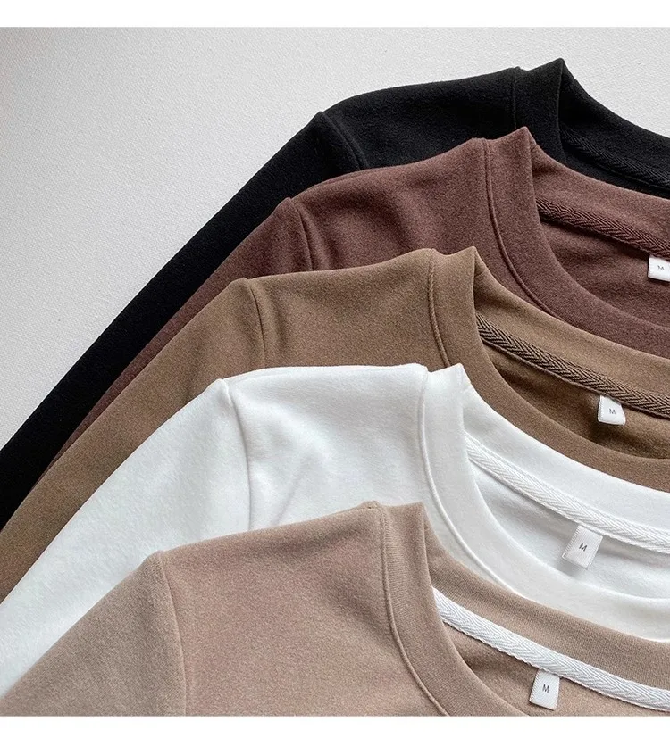 ファッショナブルな厚みのある両面フリースラウンドネック長袖 Tシャツ女性の秋冬ベースレイヤーシャツ起毛ホワイト