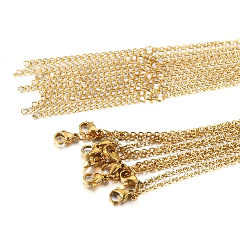 10 Uds. De cadenas de eslabones de acero inoxidable de Color dorado de 45 + 5cm, collares a granel, joyería de moda, cadenas ajustables, gargantillas al por mayor DIY
