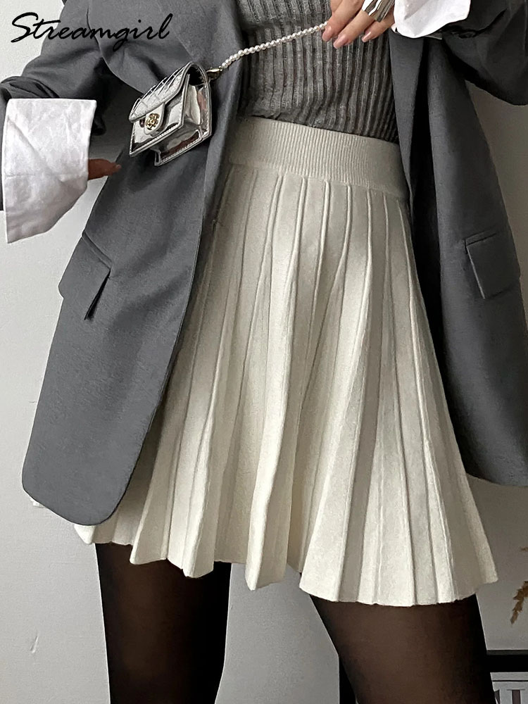 Lente Gebreide Witte Mini Geplooide Rokken Voor Vrouwen Een Lijn Rok Grijs Hoge Taille Vrouwen Gebreide Geplooide Korte Rokken Koreaanse Mode
