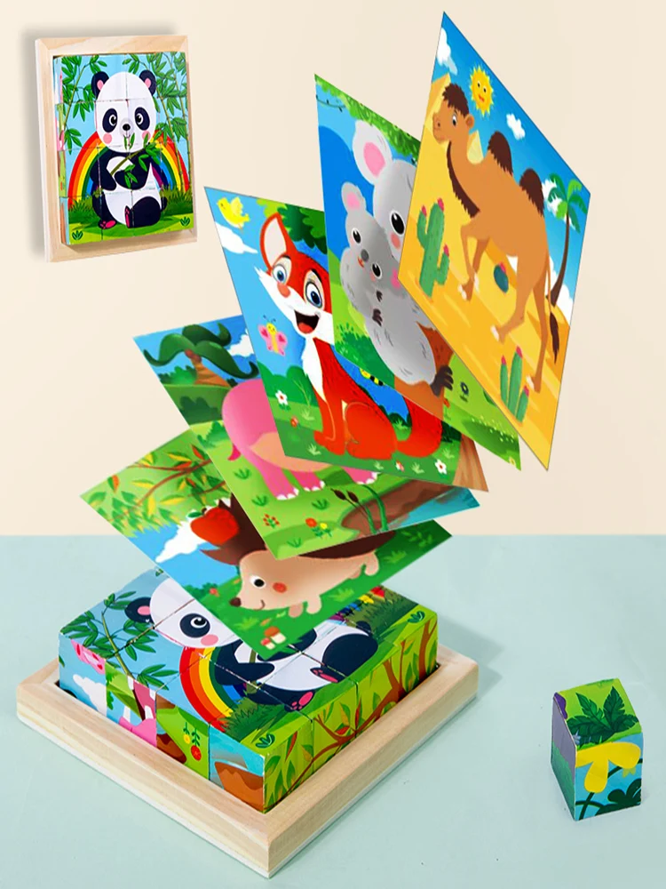 Kleuterschool Educatief Speelgoed Ambachten Cartoon Zeszijdige Houten Puzzelblokken Set Bijpassende Dieren Blokken Vroeg Onderwijs