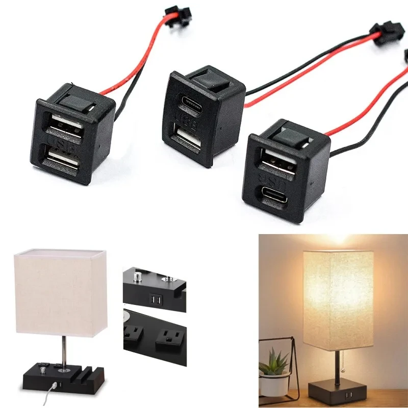 1 ชิ้นสีดําสองชั้น Usb หญิงฐาน Type - C ซ็อกเก็ตและหญิงโคมไฟ Usb ชาร์จซ็อกเก็ตซ็อกเก็ตพร้อมสายเชื่อมต่อ
