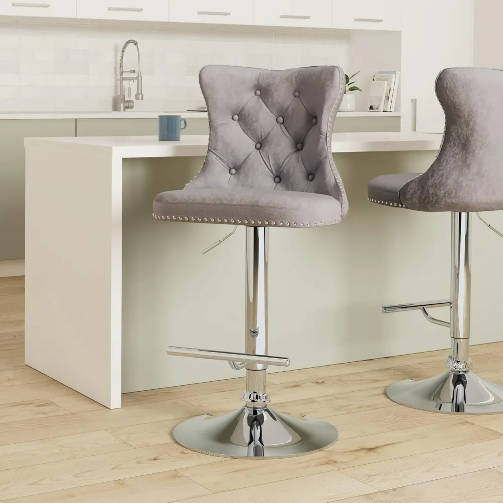 Swivel Bar Stools Set of 4, Barstools with Nailheads Trim, Button Tufted Back and Footrest, Velvet Upholstered Bar Chairs
