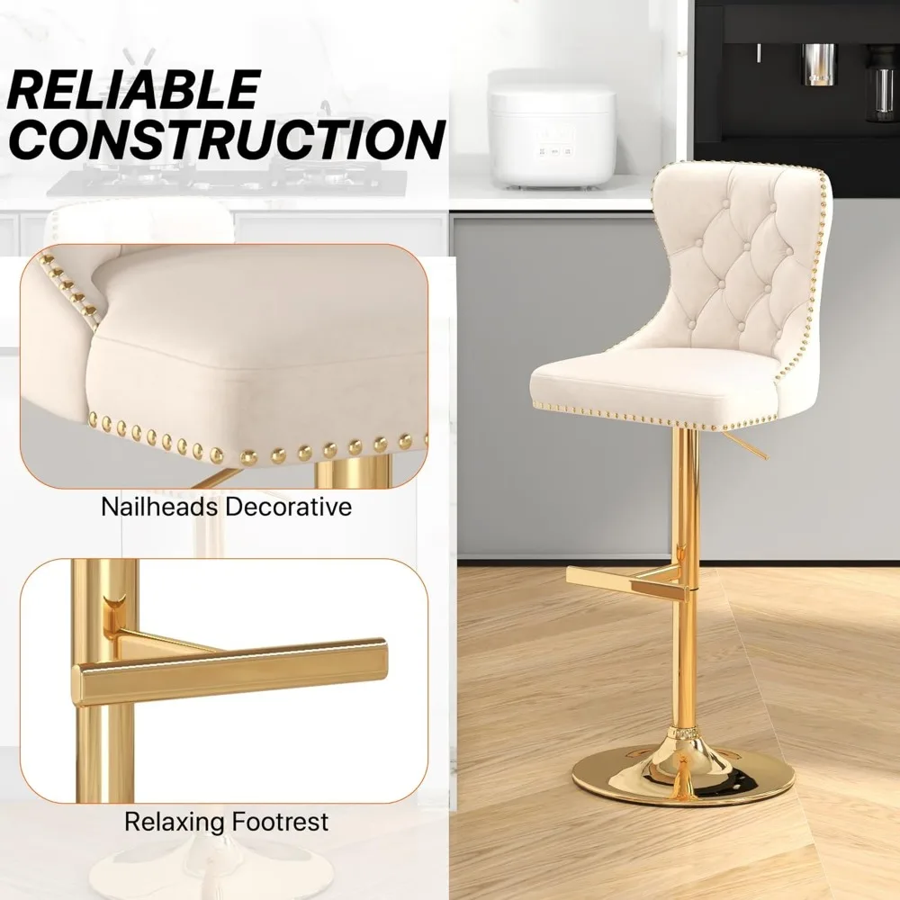 Bar Stools Set of 2, Velvet Swivel Counter Height Stools with Tufted Back, Adjustable Seat with Nailheads Trim, Upholstered Bar