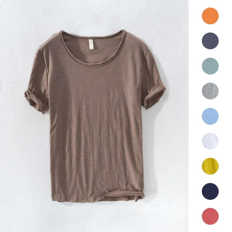 T-shirt męski Retro Raw Edge, 100% bawełna, lekki, oddychający, dopasowany krój, monochromatyczny, dekolt w kształcie litery O, swobodny, podstawowy top