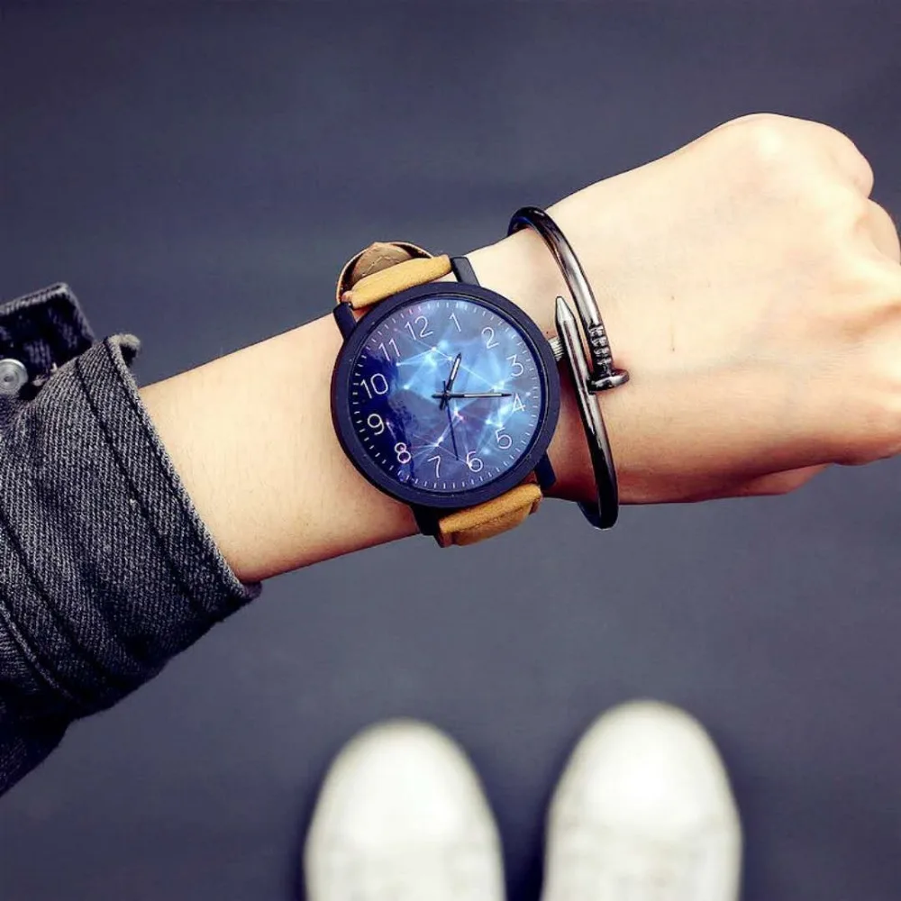 ใหม่แฟชั่นที่สร้างสรรค์บุคลิกภาพ Retro นาฬิกา Starry Sky Dial นาฬิกาคู่หรือเด็กของขวัญวันเกิดเด็กหญิงนาฬิกาควอตซ์ผู้หญิงนาฬิกา