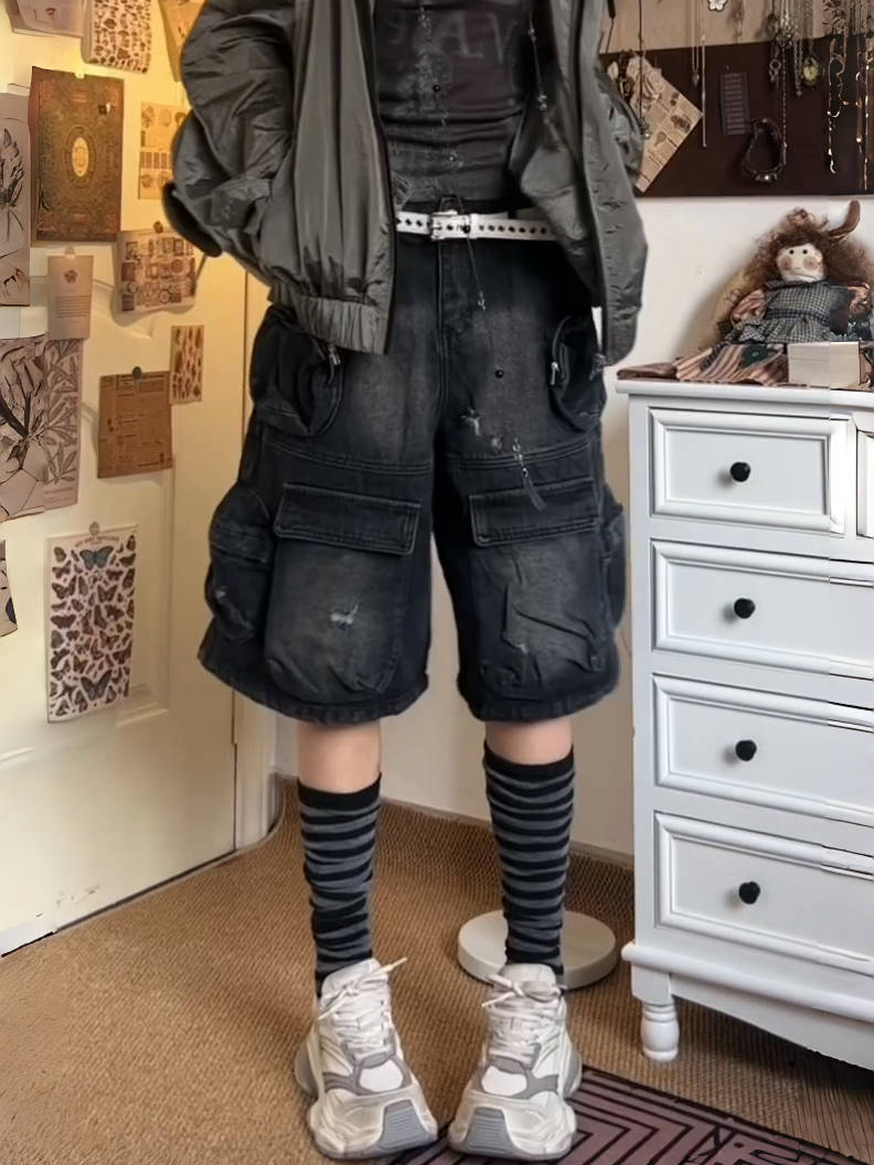 Amerikaanse Straat Oversized Gewassen Vintage Multi-Pocket Dames Werkkleding Denim Shorts Hoge Taille Rechte Pijpen Broek