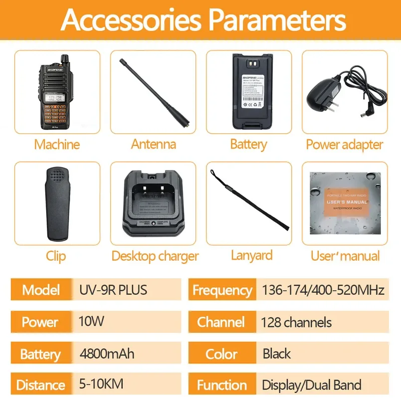 Baofeng UV-9R Plus 10W IP68 Waterproof Dual Band 136-174/400-520MHz Ham Radio BF-UV9R Walkie Talkie 10KM Range UV 9R Plus