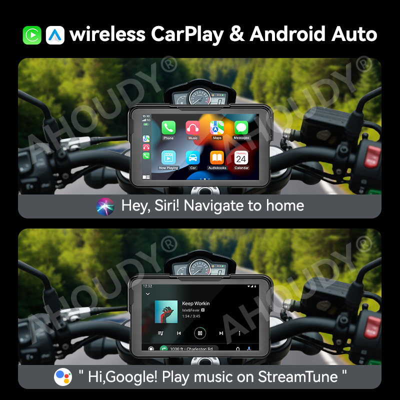 AHOUDY 5-дюймовый мотоциклетный навигационный экран Carplay IP67 Водонепроницаемый Android Auto Bluetooth 5G WiFi модуль