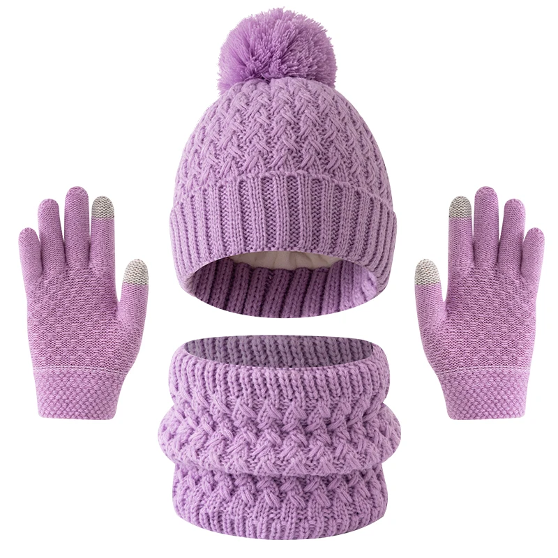 Set di cappelli, sciarpe e guanti per bambini, ragazzi e ragazze in tinta unita, pile e ispessiti 3pc3-12Y