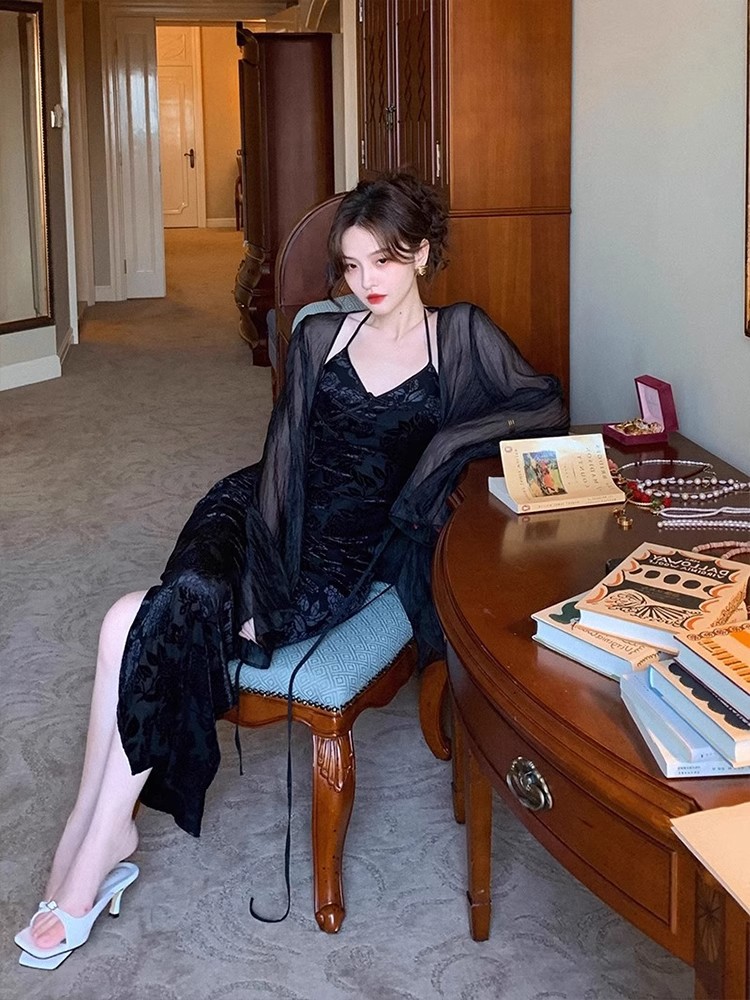 Cardigã de proteção solar leve f boêmio de verão sem mangas com decote em V manga crida com vestido de alça