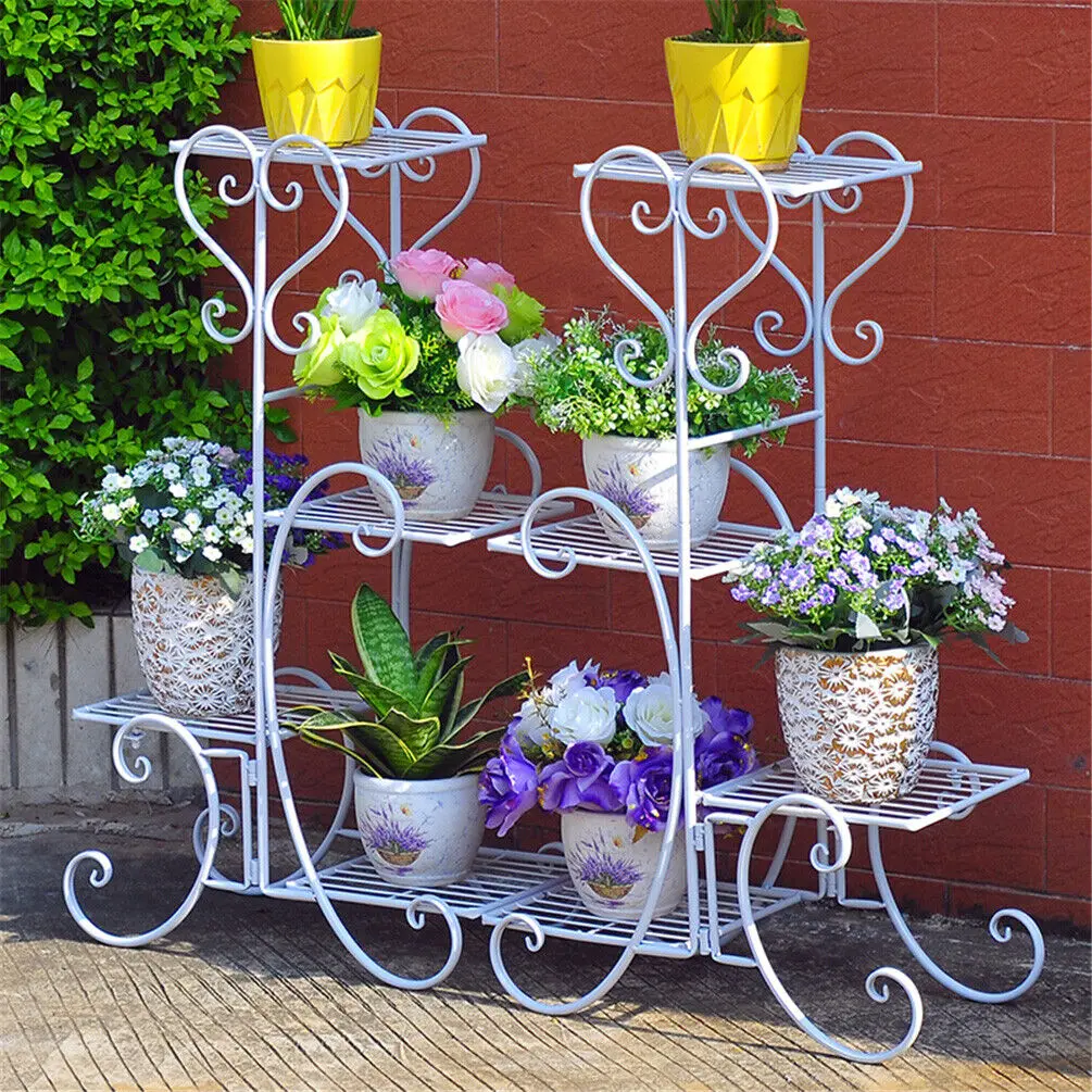 Supporto per piante in metallo a 4 livelli per interni ed esterni, patio, vasi da fiori, espositore, organizer in bianco e nero