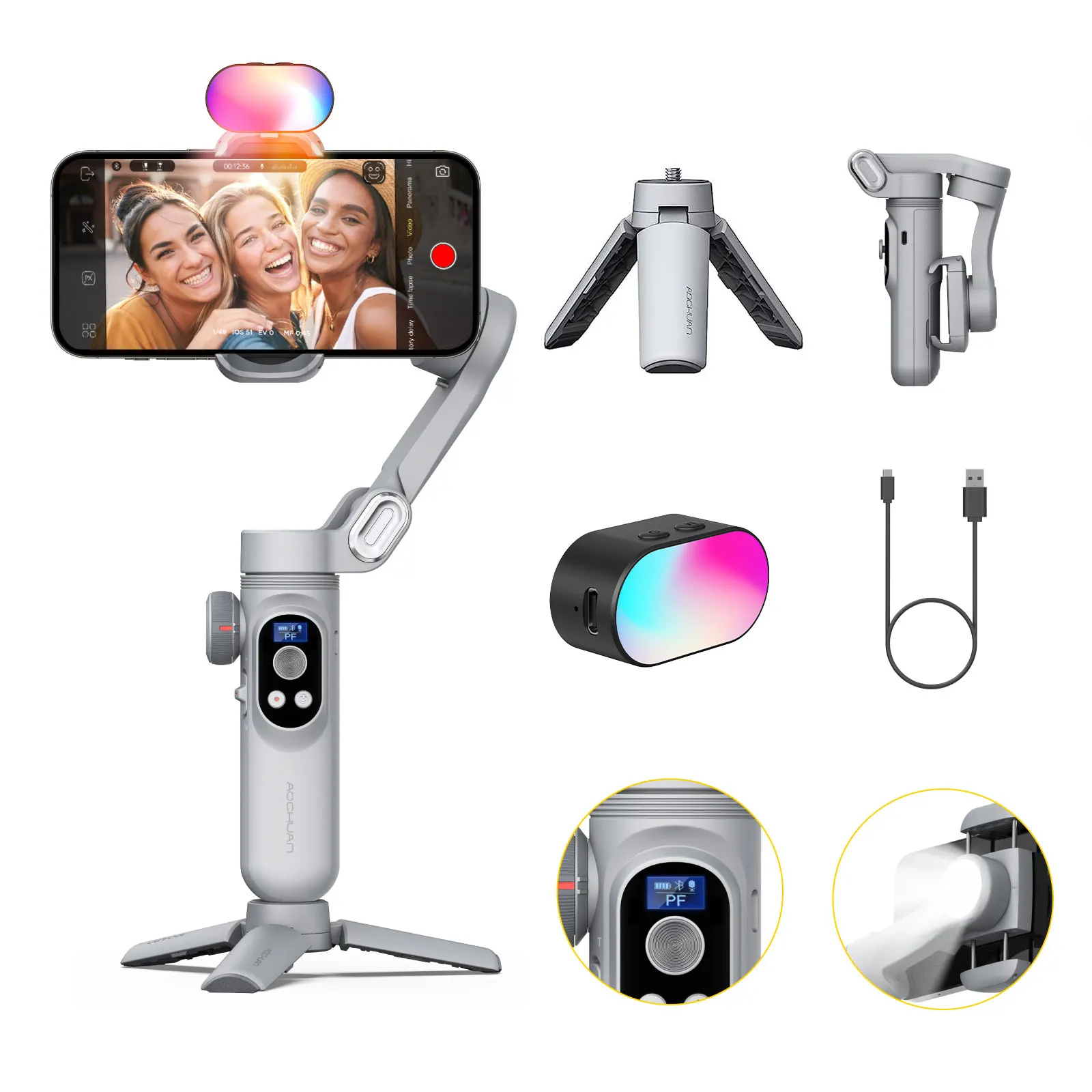AOCHUAN Smart XPro 3-osiowy stabilizator gimbala do smartfona dla iphone'a i telefonu z systemem Android Stabilne fotografowanie z oświetleniem wypełniającym wideo RGB