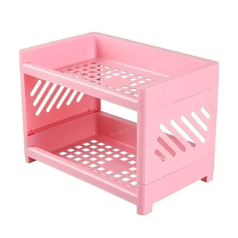 1PC PP Desktop Double Layer Storage Rack Rectangular White Organizing Student Desk Office Cosmetics Stationery