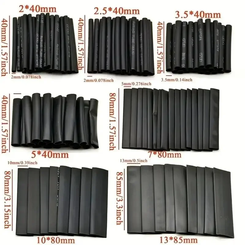 127 個の熱収縮チューブキット 2:1 黒耐熱チューブ電気接続ワイヤーケーブル絶縁スリーブ