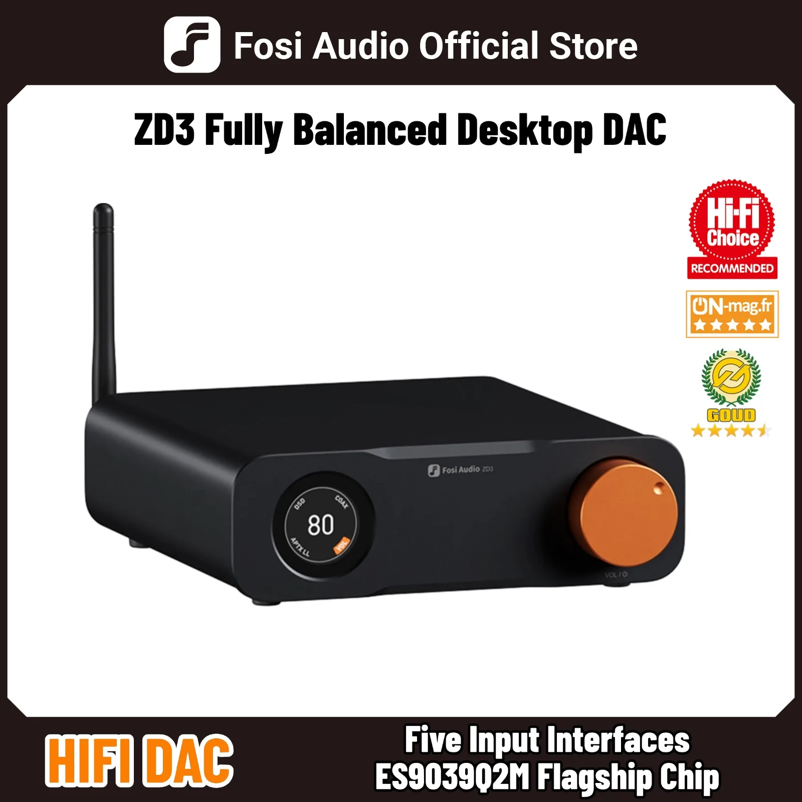 Fosi Audio ZD3 Bluetooth USB escritorio DAC ARC entrada, ES9039Q2M decodificador Digital totalmente equilibrado para amplificador estéreo con control remoto