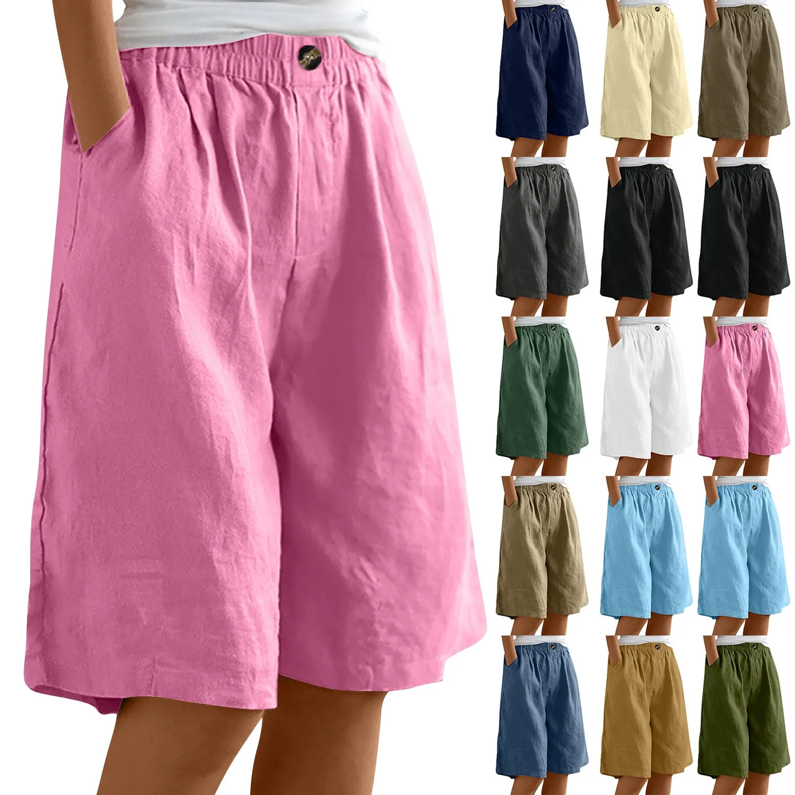 Calções elásticos de cintura alta, monocromáticos, de botões soltos, algodão, linho, cinco comprimentos, calças macias de conforto, moda feminina, verão