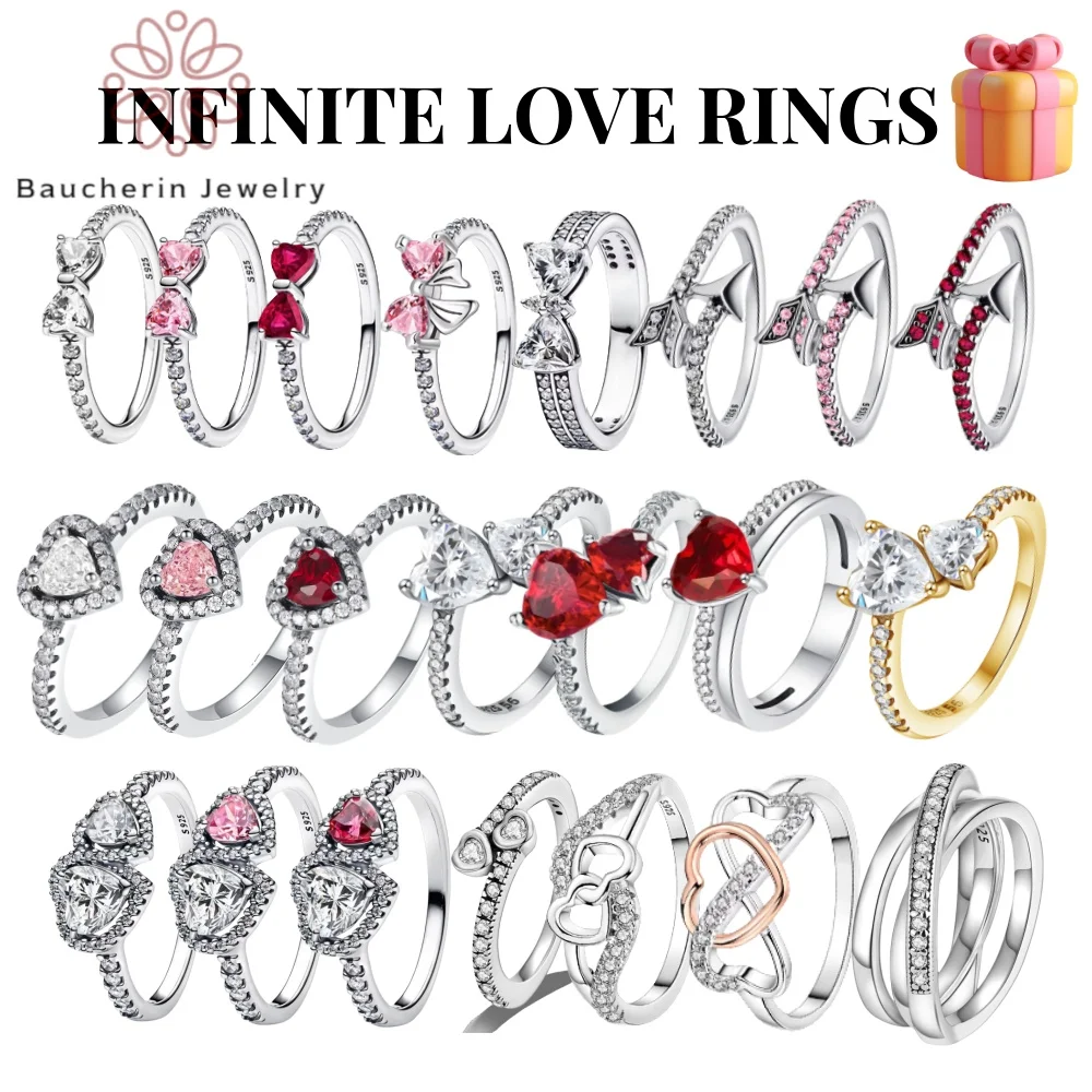 คริสต์มาสใหม่ 925 แหวนเงินหัวใจสีชมพูZircon Shining BowแหวนOriginalแหวนDIYผู้หญิงเครื่องประดับFineคริสต์มาสของขวัญสาว