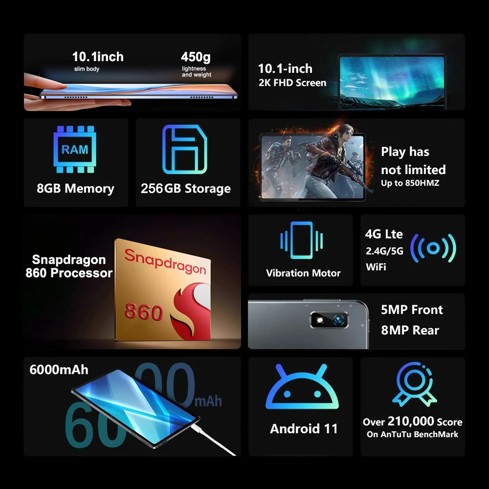 Tablette originale 10 Pro, écran HD de 10.1 pouces, 8 go + 256 go, Android 11, visage débloqué, batterie de grande capacité 6000mAh, Snapdragon 860