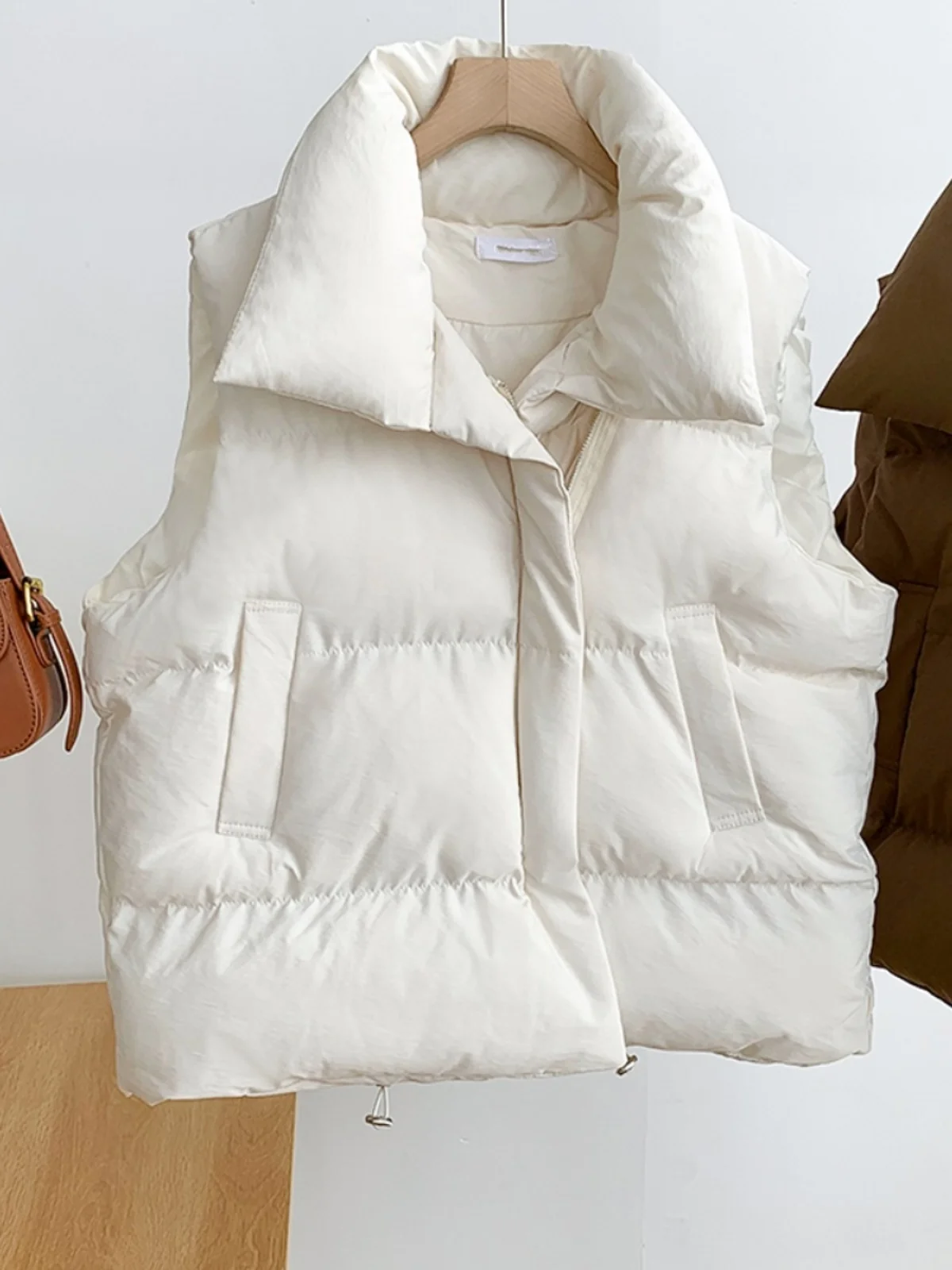Colete de Aodão com Plumas Soltas, Sem Costas, com F de Zíper, Cor Sólida, Estilo Casual para Mulheres, Moda Outono Inv...