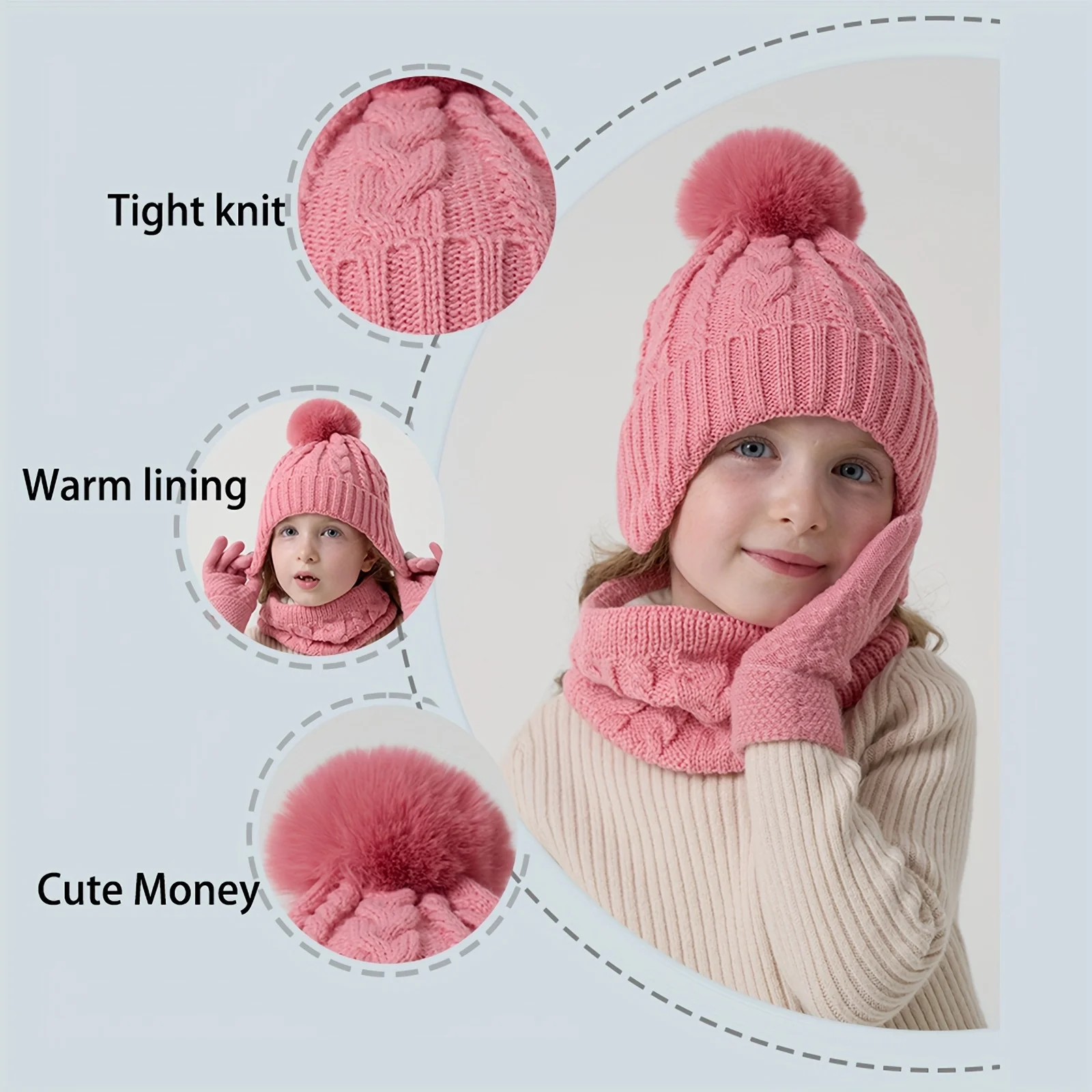 Un set di 3 cappelli, sciarpe e guanti invernali per bambini, un set caldo in tre pezzi, cappello elastico caldo lavorato a maglia tinta unita, scaldacollo e guanti per ragazzi e ragazze dai 3 ai 8 anni
