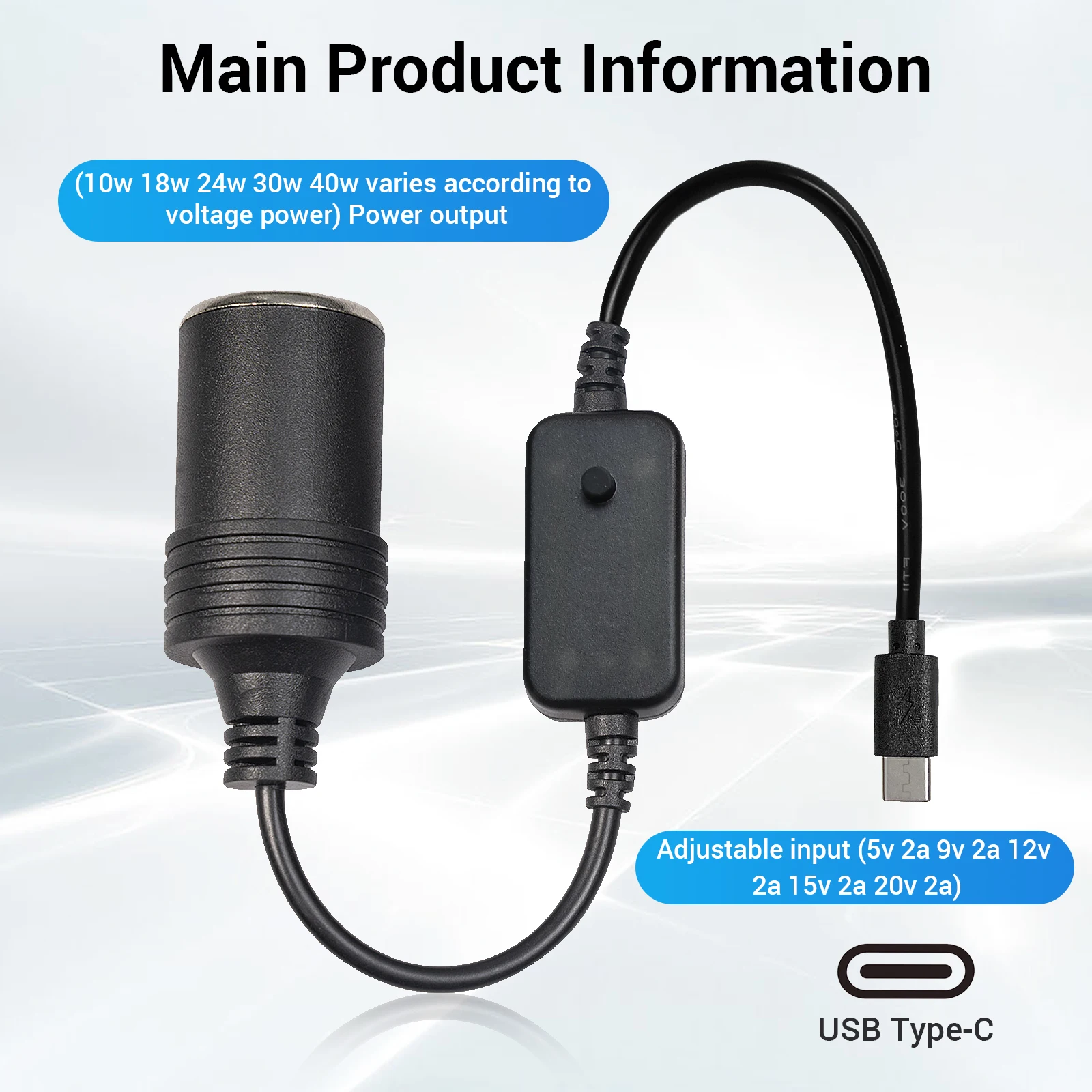 Car Adapter USB Type-C Male to  9V 12V Car Cigarette Lighter Socket Step Up Cable Female Power Cord for Power Bank DVR