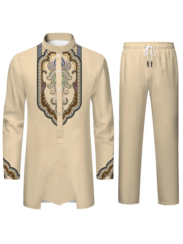 Moda elegante terno masculino personalizado 3D impresso cultura islâmica roupa muçulmana solta respirável duas peças roupas masculinas
