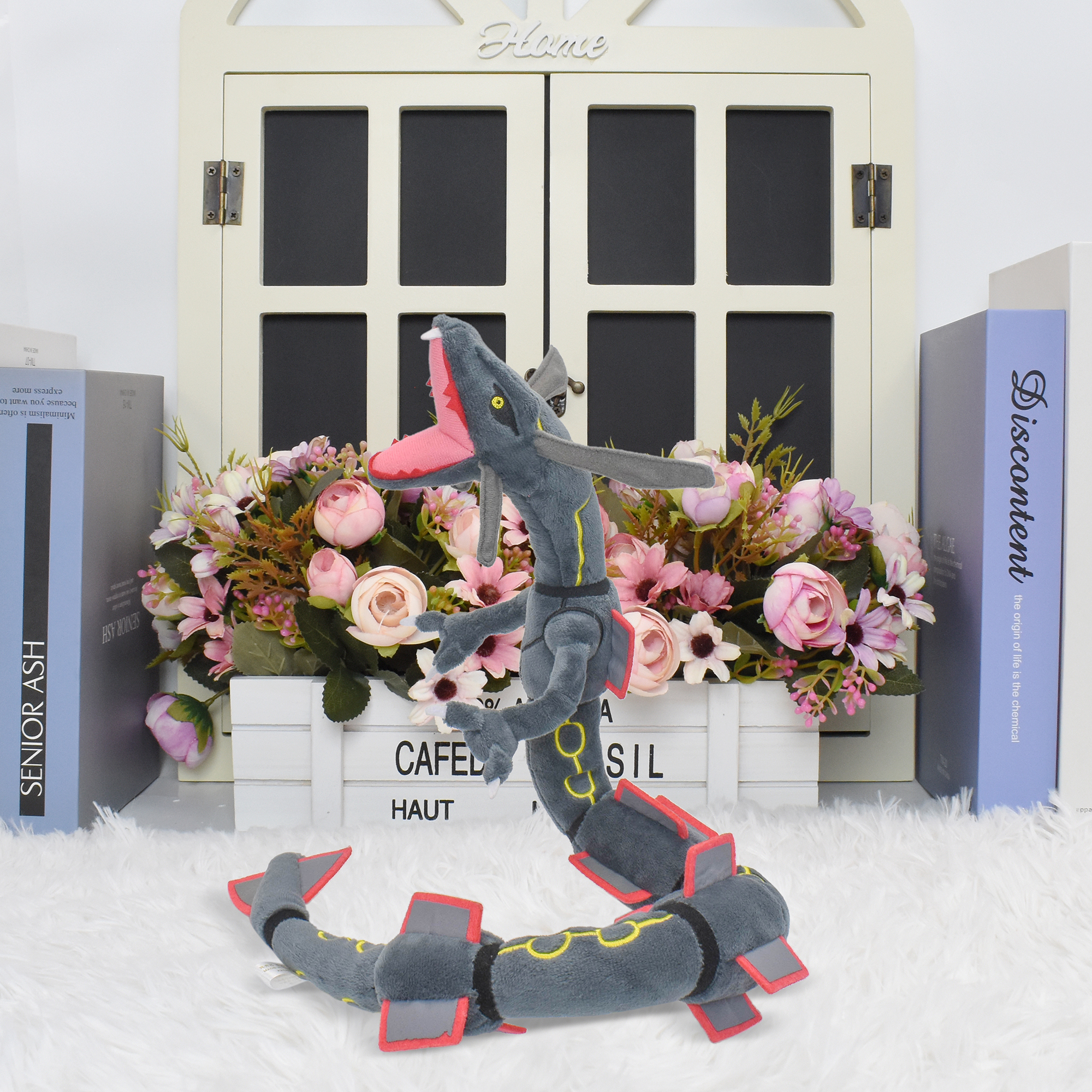 Brinquedos de pelúcia Rayquaza brilhantes, jogo de animais de pelúcia para presente colecionável, peluches macios, personagem de desenho animado fofo preto 12 polegadas