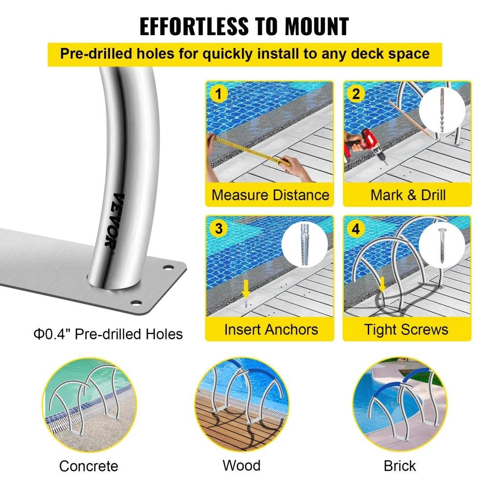 Rampe Piscine Inoxidé 2 Pièces 762x762 cm Appui 170kg Base 305x102 cm Poignées 50cm Sortie Spa Aquatique