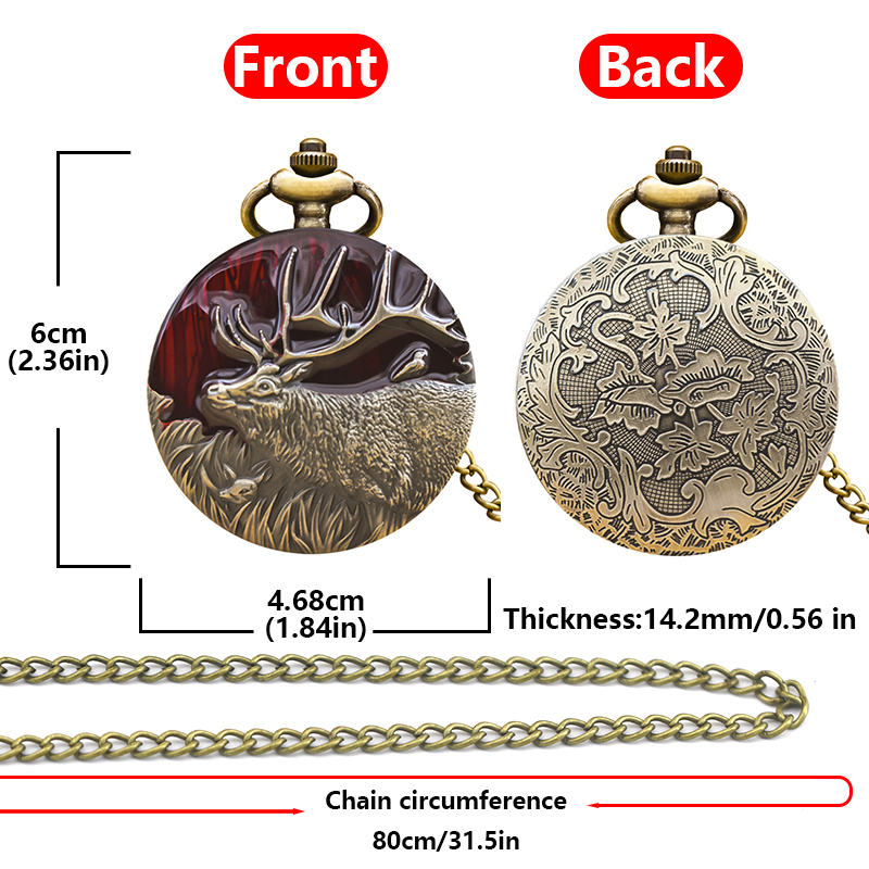 Steampunk Vintage Bronze Elk Carved Quartz Pocket Watch Necklace Pendant Clock Chain Men Women Chain Gift