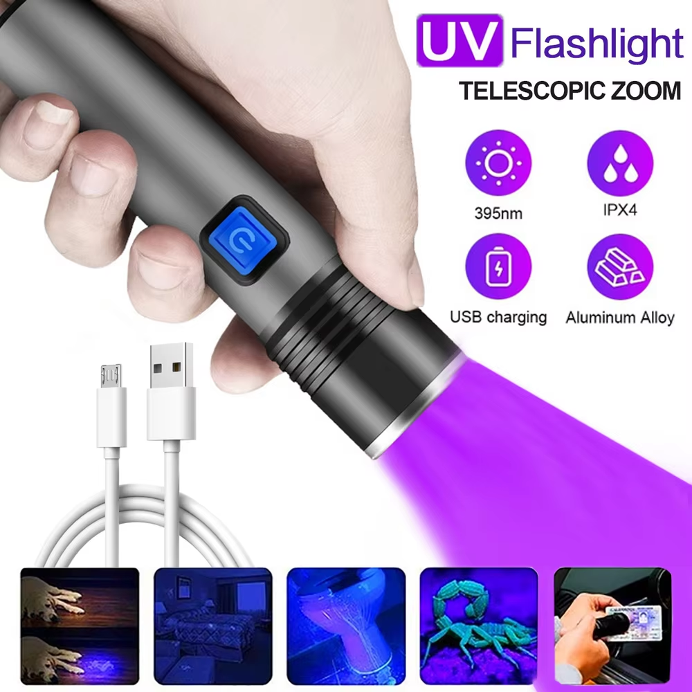 Linterna UV de 395nm, luz negra con zoom, luz UV recargable por USB, linterna ultravioleta para Detector de orina de mascotas, curado de resina