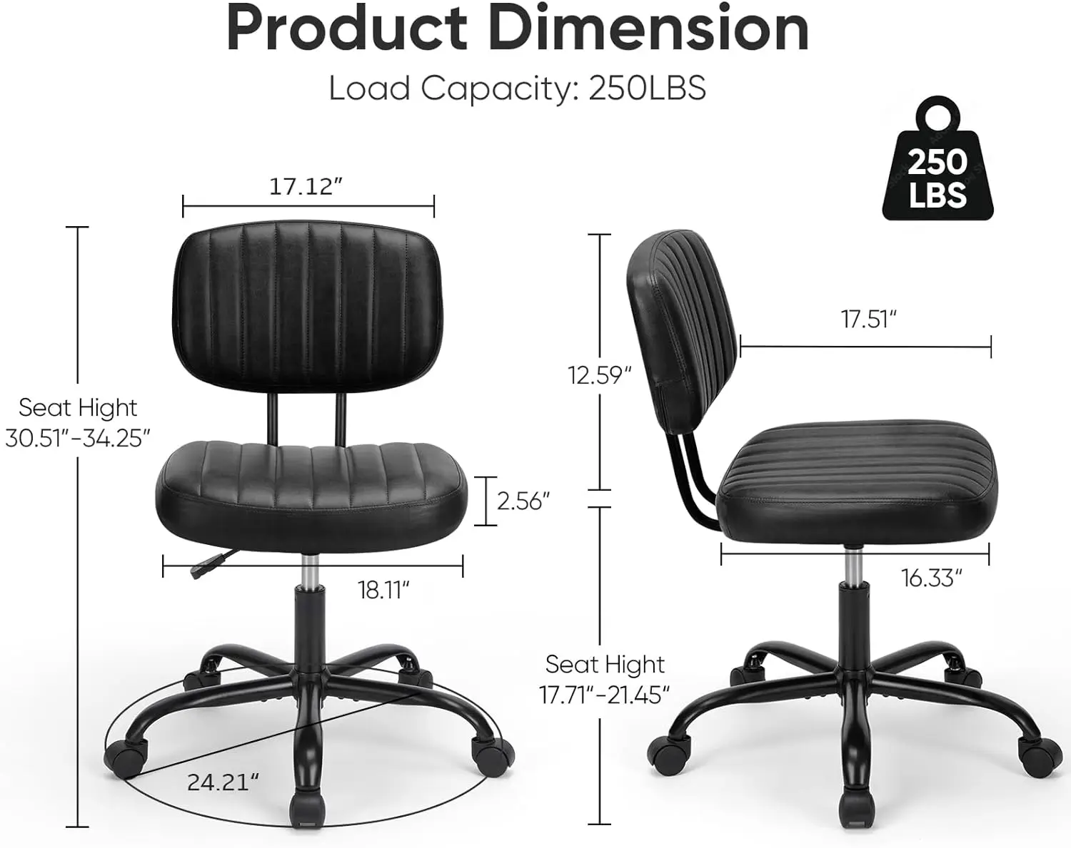 Armless Home Office Desk Chair Ergonomic with Low Back Lumbar Support Height Adjustable  with 360° Swivel Rolling Wheels