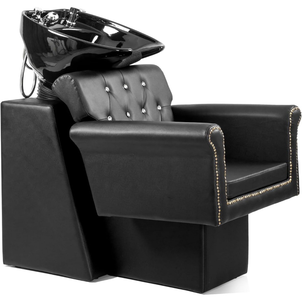 Shampoo Backwash Barber Chair with Large Ceramic Hair Wash Bowl, Rivet Armrest, Adjustable Shampoo Bowl Sink Chair Statio