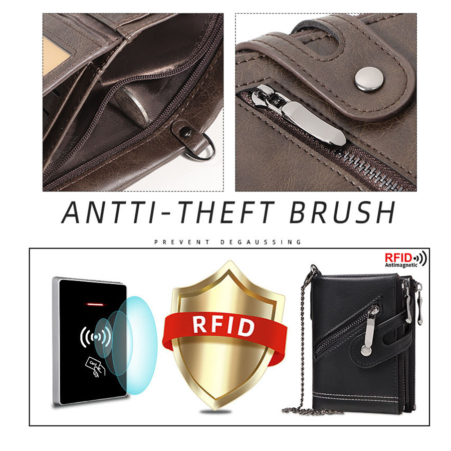 メンズ チェーンウォレット RFID 盗難防止 メンズ レトロ レザー ウォレット ダブルジッパー コインケース クレジットカードホルダー 男性と女性用