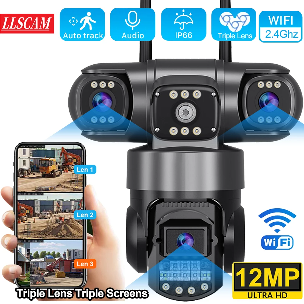 WiFi Surveillance Camera Outdoor IP Cameras 12MP Triple Lenses Security Video Monitor Color Night Vision Waterproof V380 Pro