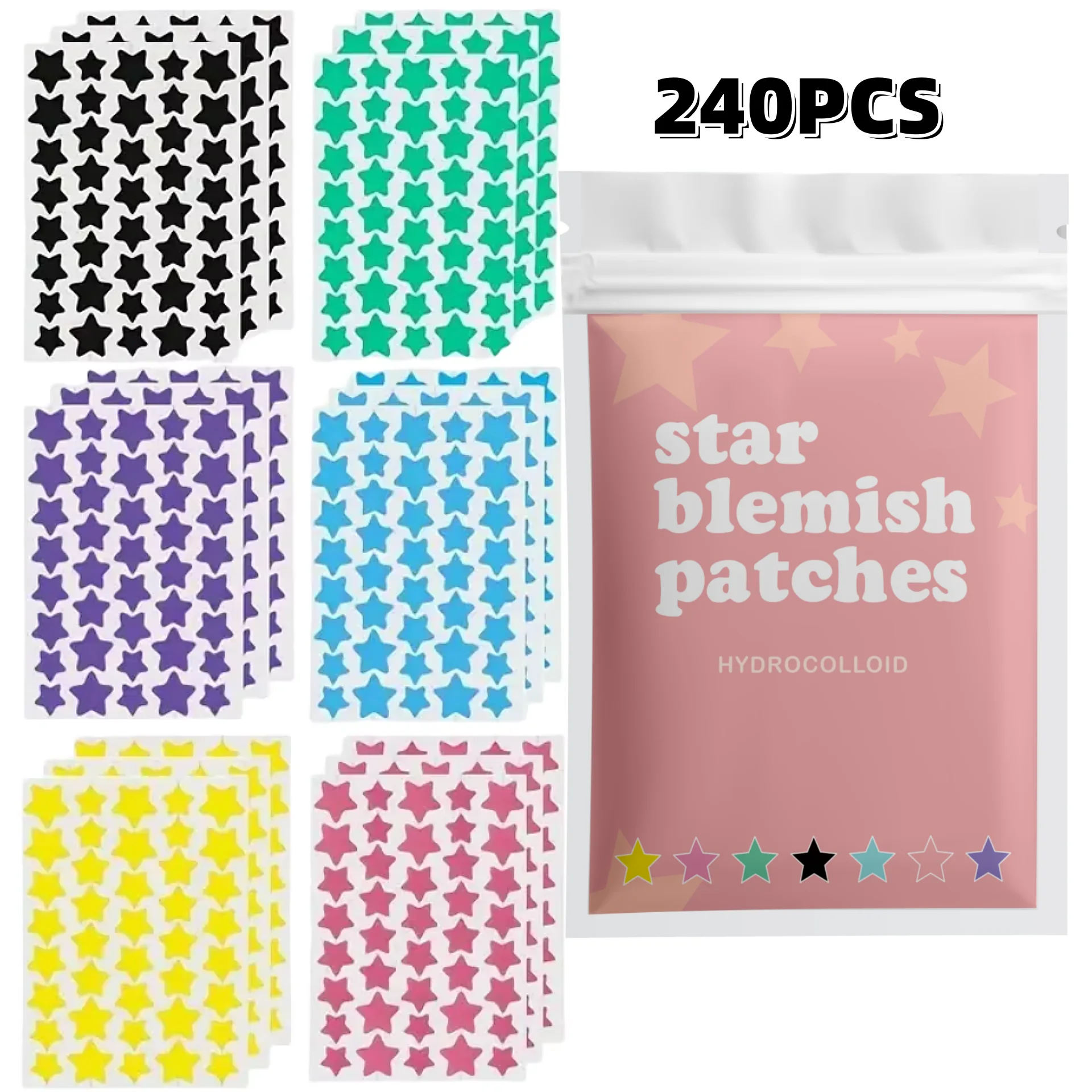 240 peças de remendos de acne estrela multicoloridos, remendos de acne facial, adesivos corretivos de acne e remendos de espinhas, ultrafinos