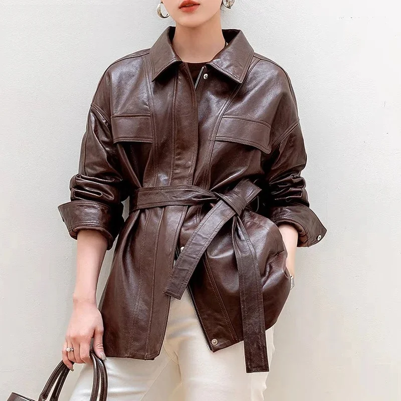 Tenues 2025 nouveau coupe-vent en cuir de cire d'huile importé femmes rétro marron décontracté mi-longue veste avec ceinture Abrigo Mujer