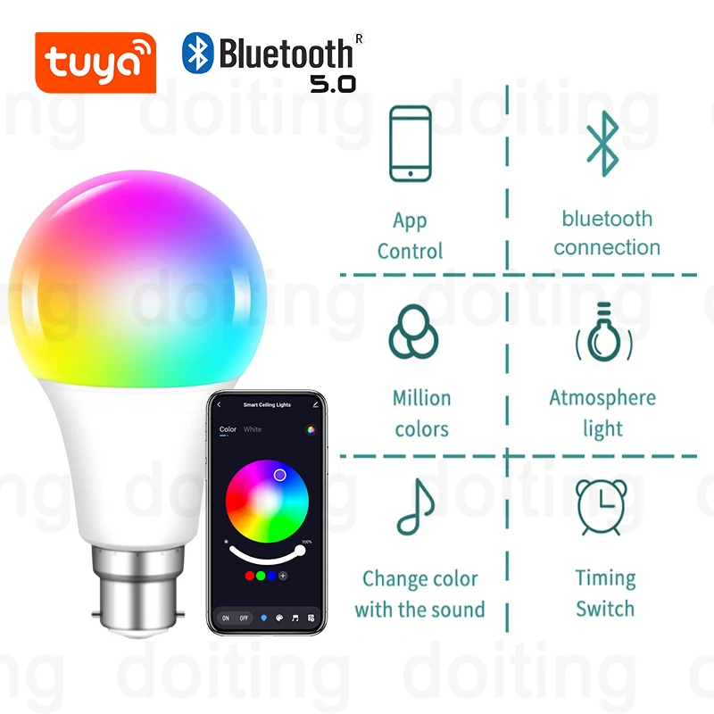 Luce che cambia colore B22 Tuya Bluetooth APP Controllo 220V Lampadine LED Dimmerabile RGB Bianco RGBCCT 16 milioni di vita intelligente