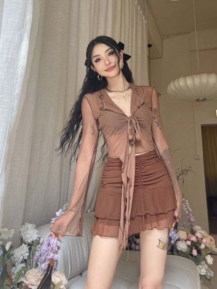 Blusa de manga larga acampanada para mujer, malla con cordones, Sexy, dulce, caliente, estilo de moda coreana, combina con todo, diseño sólido, elegante, informal