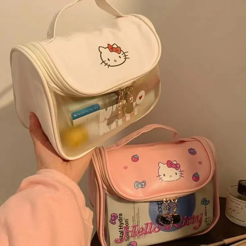MINISO Hello Kitty Borsa per trucco portatile Borsa portaoggetti trasparente per bagno da viaggio di grande capacità per ragazze