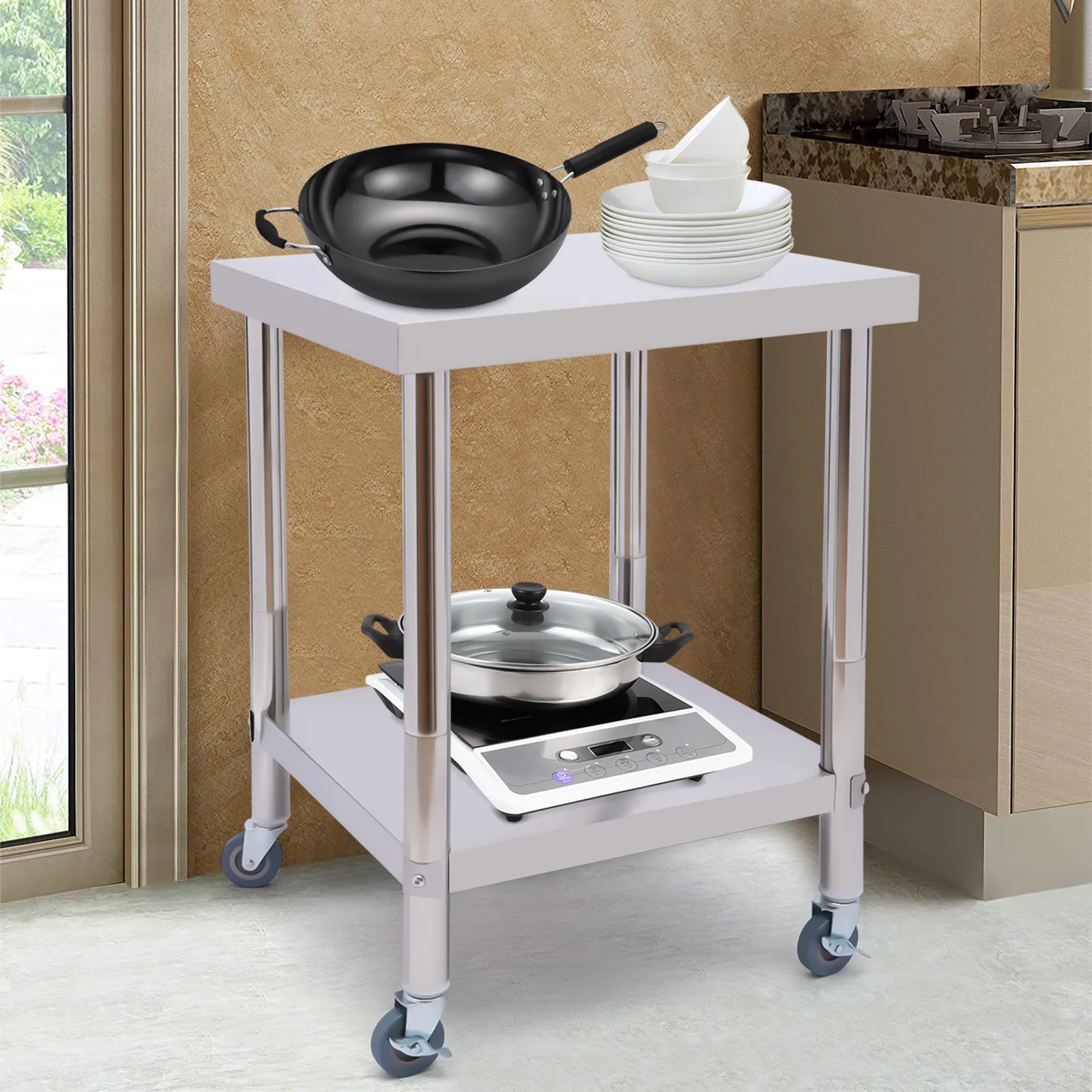 Sturdy Stainless Steel Worktable with Spacious Storage, Easy to Clean, Anti-Corrosion, Rust-Proof, and Stable for Kitchen