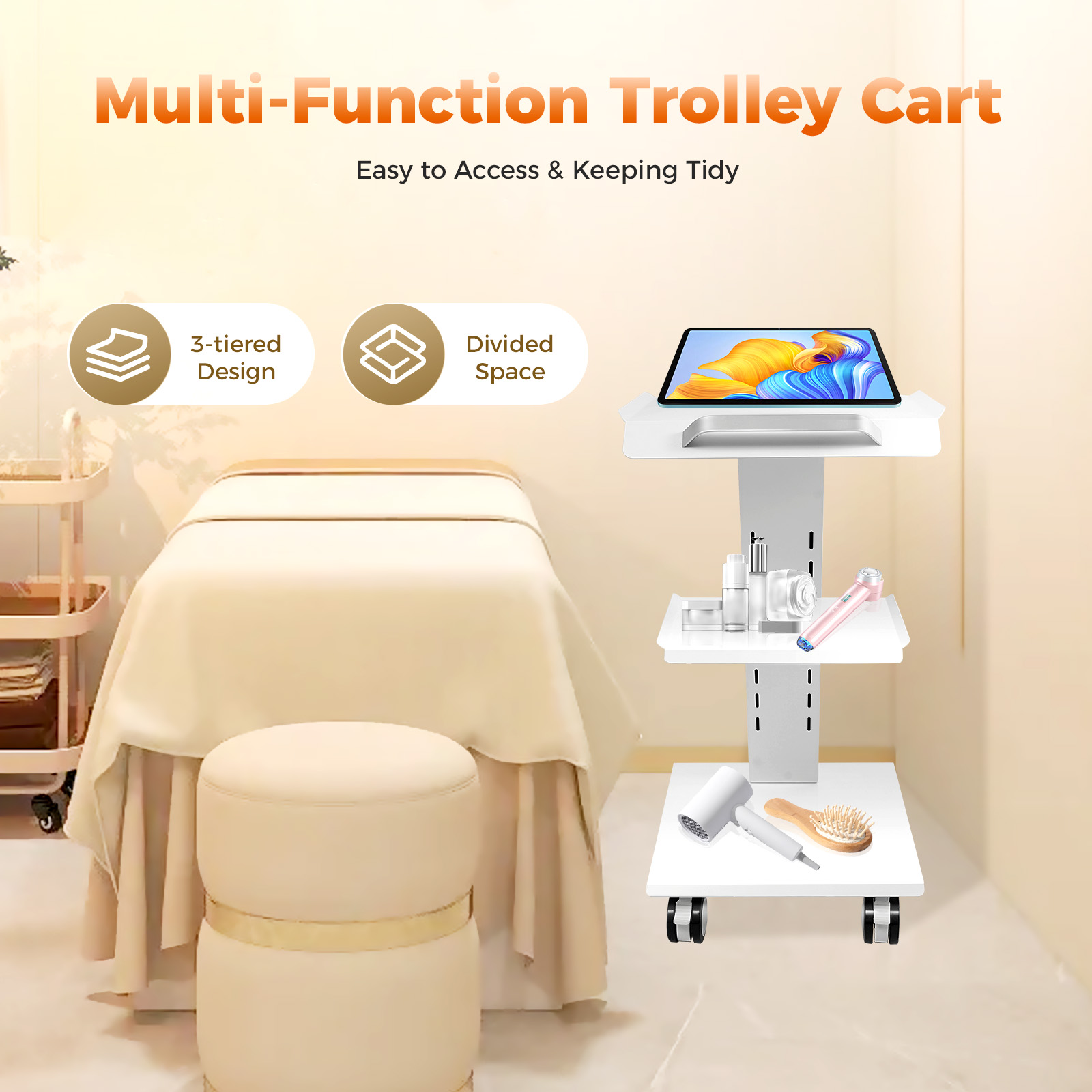 3-stufiger Multifunktions-Laborwagen, Rollwagen mit Steckdosen, Instrumententablett, rollender Klinikwagen, Trolley für Schönheitssalons