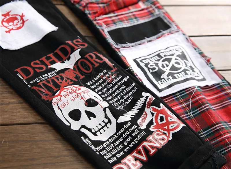 ผู้ชายกางเกงยีนส์สีดำแฟชั่นผู้ชาย Punk Patchwork Street กางเกงยีนส์ผู้ชายยืด Street Hip Hop Slim Fit หลุม punk Denim กางเกงผ้าฝ้าย