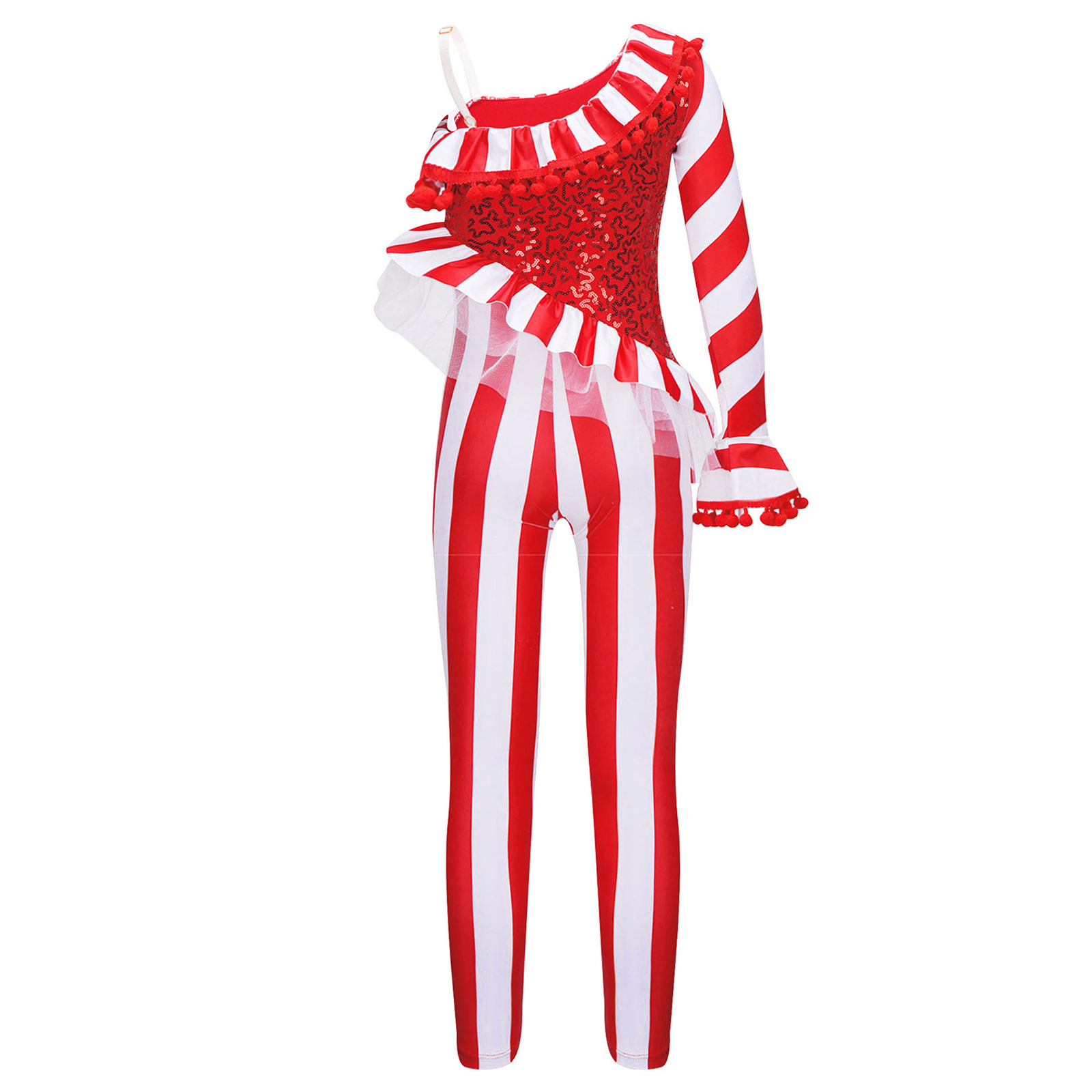 เด็กหญิง Candy Cane คริสต์มาสเต้นรำ Bodysuit Jumpsuit Unitard One ไหล่ Xmas Holiday Santa Sweetie เครื่องแต่งกาย Dancewear