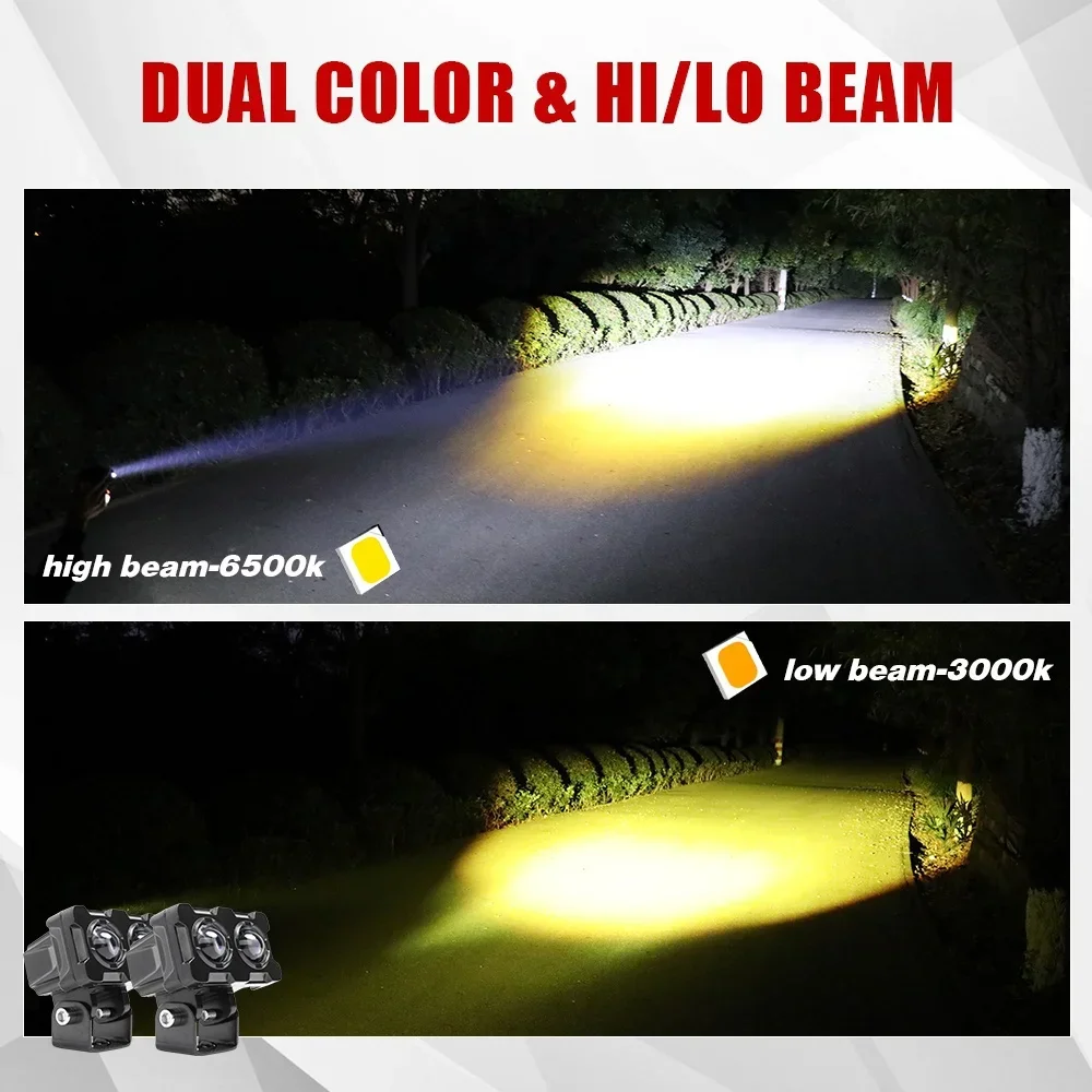1 Uds. Foco de lente LED para motocicleta de 60W, foco de lentes dobles, lámpara antiniebla auxiliar para motocicletas, luz blanca y amarilla de doble Color