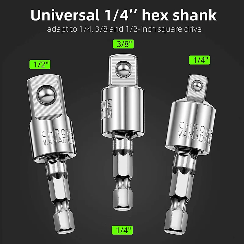360°Rotatable Electric Power Drill Sockets Adapter Sets for Impact Driver with Hex Shank 1/4" 3/8" 1/2"