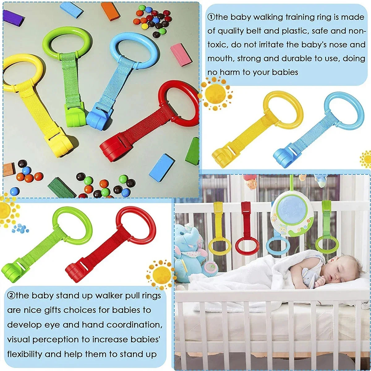 Anéis para berço de bebê, 4 unidades, assistente de caminhada, anéis de tração para berço de bebê, treinamento de caminhada, anel de proteção ergonômico